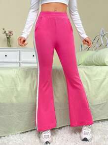 SHEIN EZwear 側邊紋飾鬆緊腰扶搖直筒褲 - 彩色 - 查看 3