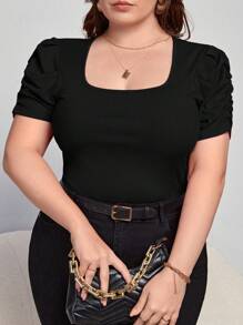 SHEIN Privé Plus Scoop Neck Ruched Puff Sleeve Tee