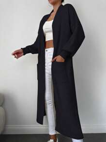 EURMUSE Cárdigan con doble bolsillo de hombros caídos con parte delantera abierta - Negro - Ver 5