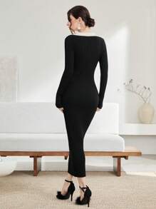 Modelyn Vestido de punto de cuello V tejido de canalé - Negro - Ver 2