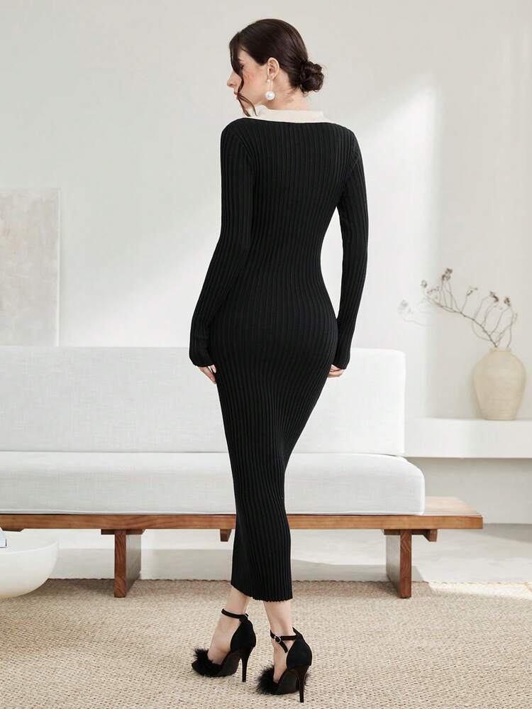 V-collar Ribbed Knit Sweater Dress