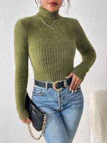 SHEIN Frenchy 高领罗纹针织白色修身毛衣，红色圣诞，圣诞服装，圣诞上衣，秋冬节日服装 - 橄欖綠 - 查看 4