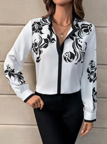 SHEIN Clasi Floral Print Contrast Trim Shirt - Black and White - View 5