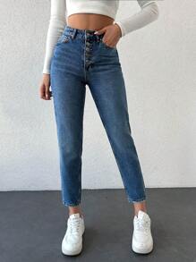 Cloudara Button Fly Mom Fit Jeans - Medium Wash - View 1
