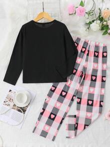 SHEIN Girls' Heart & Letter Print Long Sleeve Top And Pants Pajama Set - Multicolor - View 2
