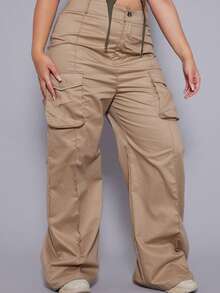 Flirla 大碼側翻蓋口袋工裝褲 - 卡其色 - 查看 4