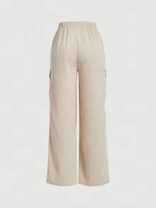 SHEIN MOD 腰部抽繩側口袋工裝褲 - 杏色 - 查看 2