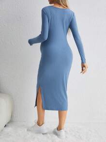 SHEIN Maternidad Vestido ajustado de cuello cuadrado de muslo con abertura tejido de canalé - Azul - Ver 2