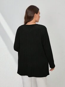 SHEIN Essnce 大碼下擺開叉條紋針織T恤 - 黑色 - 查看 2