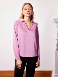 MOTF PREMIUM Bện Cổ chữ V Vòng cổ Áo sơ mi - Hồng - Xem 6