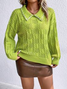 SHEIN LUNE Plus Pearls Beaded Drop Shoulder Pointelle Knit Sweater - Green - View 3