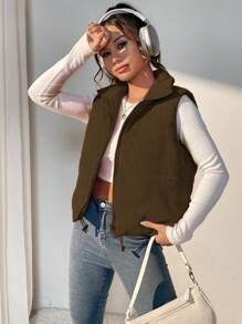 SHEIN Unity 纯色拉链无袖背心夹棉外套 - 咖啡棕 - 查看 4