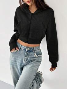 SHEIN EZwear 拉链短款连帽衫毕业典礼、返校服装、毕业典礼、女士教师服装、秋冬返校 - 黑色 - 查看 3