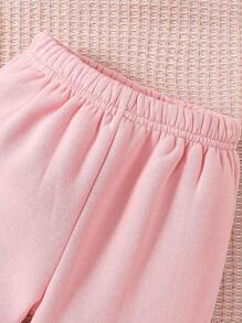 SHEIN 女小童字母補丁細節加絨內裏拉鏈連帽衫和運動褲 - 藕粉色 - 查看 5