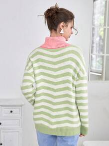 SHEIN EZwear Letter & Chevron Pattern Turtle Neck Drop Shoulder Sweater - Green - View 2