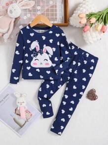 SHEIN Young Girl Rabbit & Heart Print Tee & Pants Snug Fit PJ Set - Royal Blue - View 1