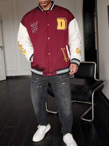 Aesthetic Post--Loose Fit Men's Slogan Graphic Colorblock Varsity Jacket With Striped Trim For Winter - Red - View 6