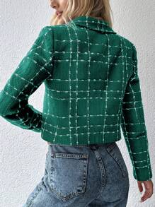 EURMUSE Plaid Pattern Lapel Neck Crop Overcoat - Green - View 2