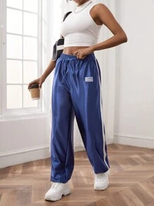 SHEIN EZwear Women Pants Kolor Ditambal Kantong Huruf Casual - Navy Blue - View 6
