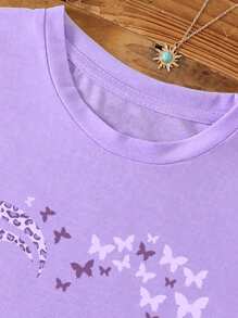 INAWLY Áo thun họa tiết bướm và báo cỡ lớn cho mùa hè - Màu tím hoa cà - Xem 3