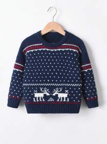 Young Boy Christmas Elk & Geo Pattern Sweater - Blue - View 1