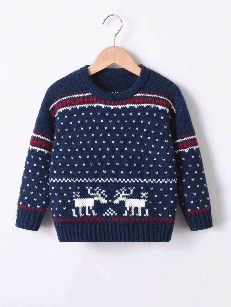 Young Boy Christmas Elk & Geo Pattern Sweater - Blue - View 1