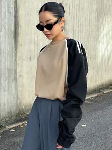 Dazy Star Contrast Binding Raglan Sleeve Striped Tape 2 In 1 Sweatshirt - Khaki - View 5