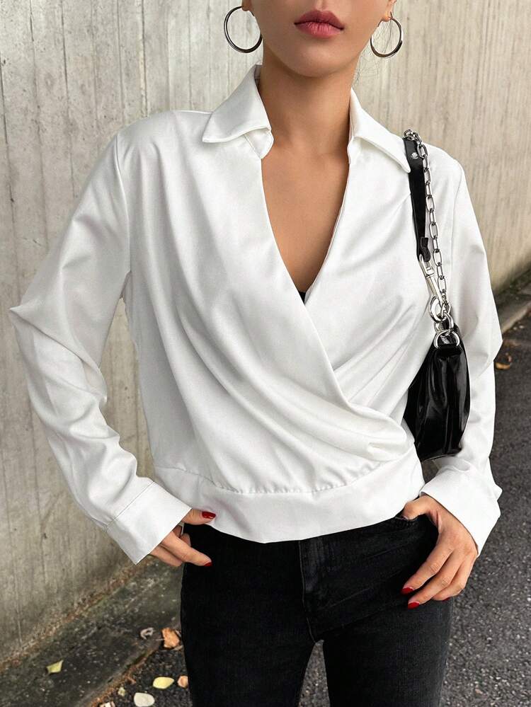 Solid Surplice Neck Wrap Detail Blouse,Fall Clothes Long Sleeve Top