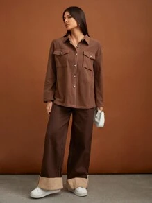 SHEIN Tall Túi có nắp Thả vai Áo khoác - màu nâu - Xem 6