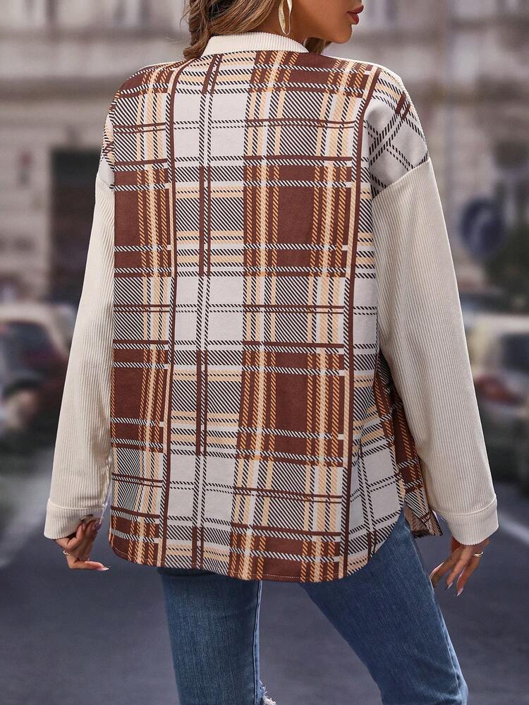 Plaid Print Drop Shoulder Button Front Coat Fall Cloth For Women