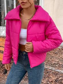 SHEIN Essnce Zip Up Padded Padded Coat For Winter Clothes - Hot Pink - View 1