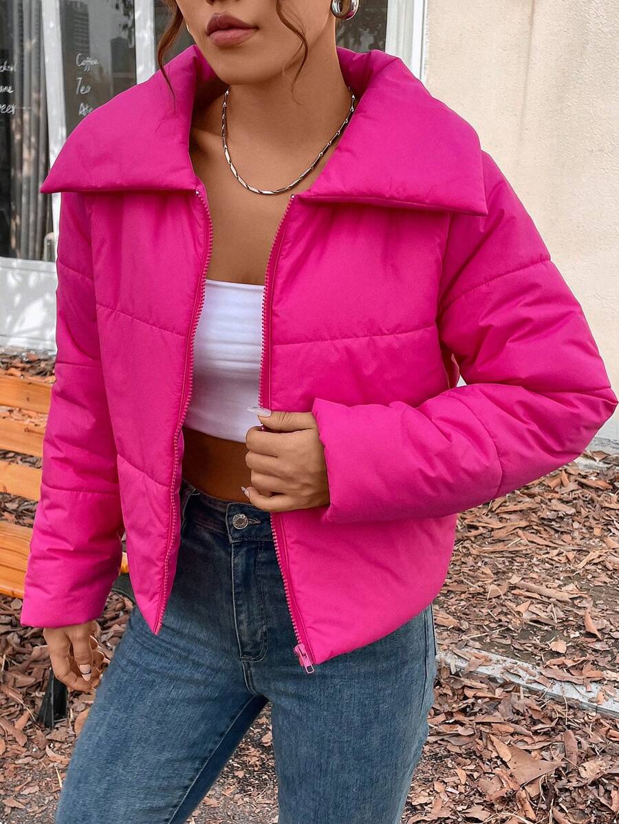 SHEIN Essnce Zip Up Padded Padded Coat For Winter Clothes - Hot Pink - View 1
