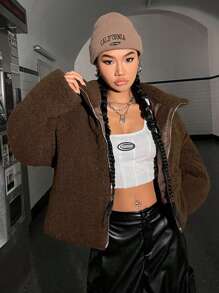 SHEIN EZwear Của phụ nữ Thả vai Shearling Áo khoác bông - Màu nâu  Mocha - Xem 1
