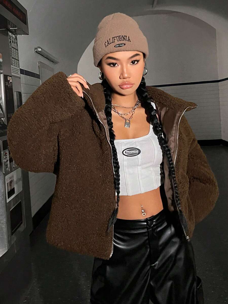 SHEIN EZwear Của phụ nữ Thả vai Shearling Áo khoác bông - Màu nâu  Mocha - Xem 1