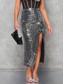 SHEIN BAE 聖誕高衩亮片半身裙 - 黑色 - 查看 2