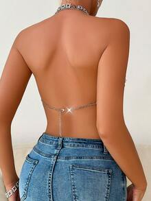 Allurite Top halter de espalda abierta con diseño de cadena crop de color metálico - Multicolor - Ver 2