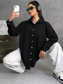 SHEIN EZwear Plus Letter Graphic Drop Shoulder Shirt - Black - View 2