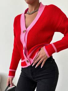 EURMUSE Viền tương phản Thả vai Áo len Mở - Đỏ - Xem 5