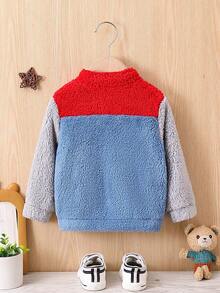 Baby Boy Colorblock Zip Up Pocket Patched Teddy Coat Autumn Fall - Multicolor - View 2