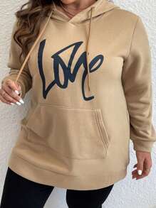 Plus Size Letter Graphic Pocket Drawstring Sweatshirt - Khaki - View 1