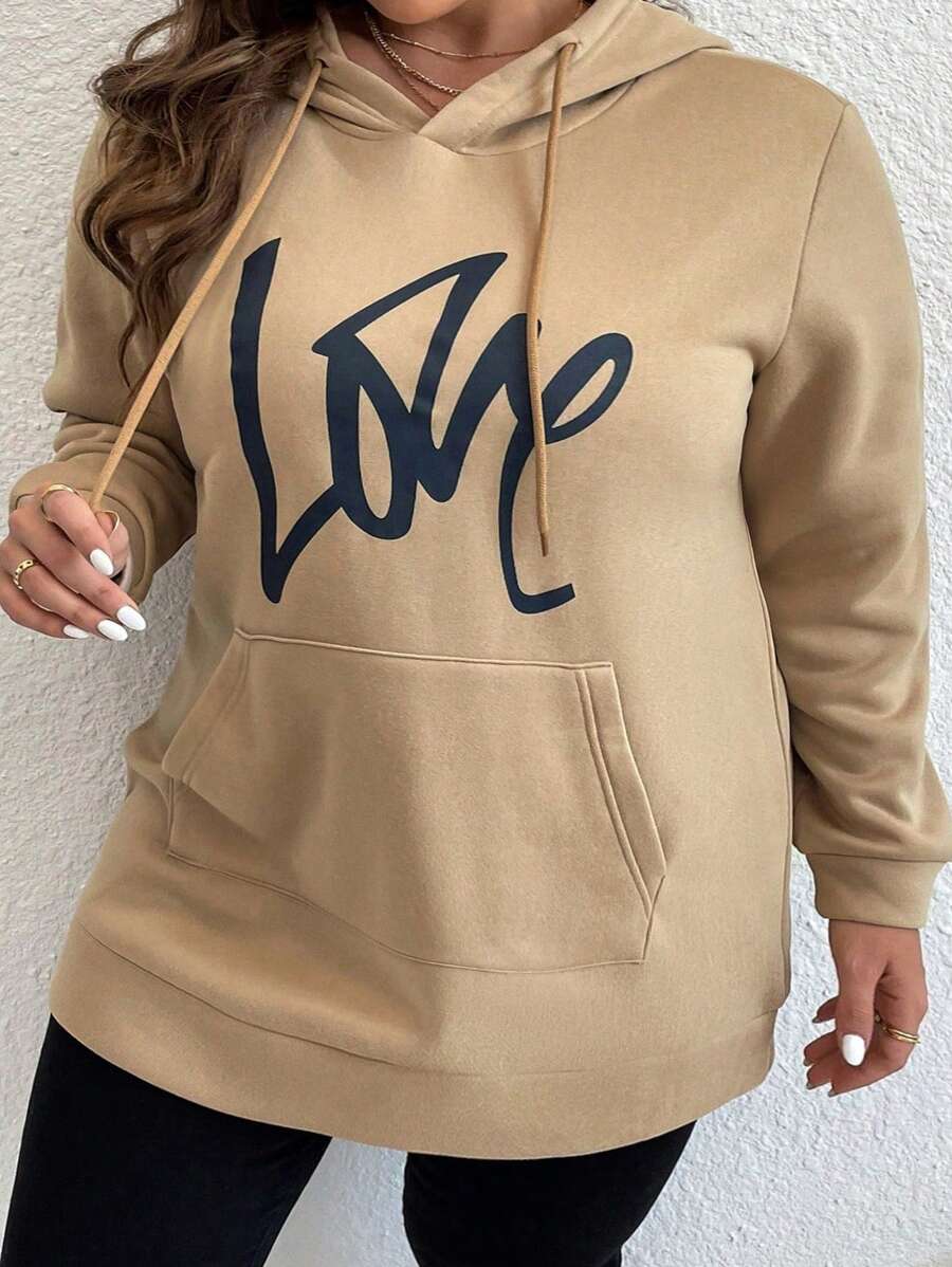 Plus Size Letter Graphic Pocket Drawstring Sweatshirt - Khaki - View 1