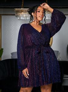 SHEIN CURVE+ 大碼交疊領腰帶亮片洋裝 - 紫色 - 查看 4