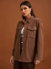 SHEIN Tall Túi có nắp Thả vai Áo khoác - màu nâu - Xem 5