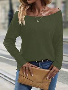 SHEIN LUNE Chất rắn Cổ thuyền Áo thun Thả vai - xanh quân đội - Xem 4