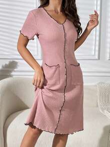 Contrast Piping Lettuce Trim Pocket Patched Waffle Knit Lounge Dress - Dusty Pink - View 6