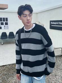 Manfinity 1pc Men's Striped Pattern Drop Shoulder Oversized Sweater - Black - View 3