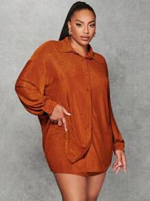 SHEIN BAE 大碼落肩袖前紐扣襯衫