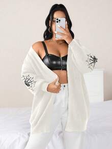 Flirla Plus Spider Web Pattern Drop Shoulder Duster Cardigan - Apricot - View 5