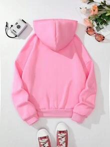 SHEIN EZwear Heart Print Zip Up Drawstring Thermal Lined Hoodie - Baby Pink - View 2