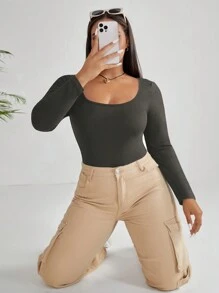 SHEIN EZwear Plus Solid Scoop Neck Bodysuit - Grey - View 4